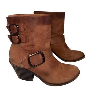 Lucky Brand‎ Tommie Brown Leather Ankle Boots Womens 7.5M Buckle Accent Heel